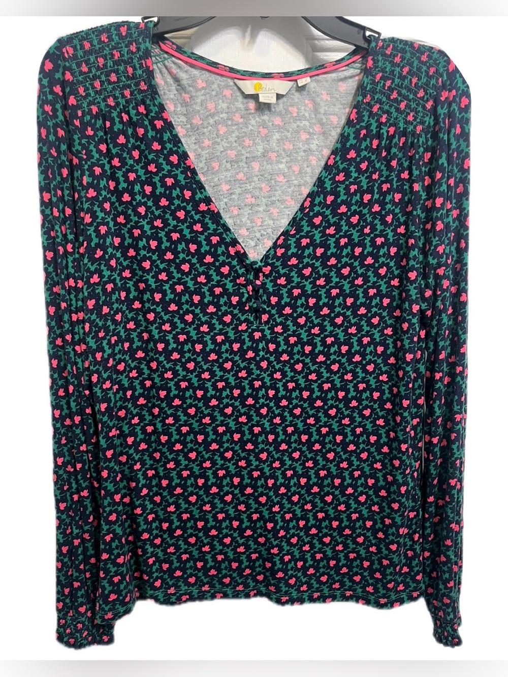 Boden V-Neck Jersey Top Green Pink Teal Floral Bird Print Long Sleeve US 8 UK 12